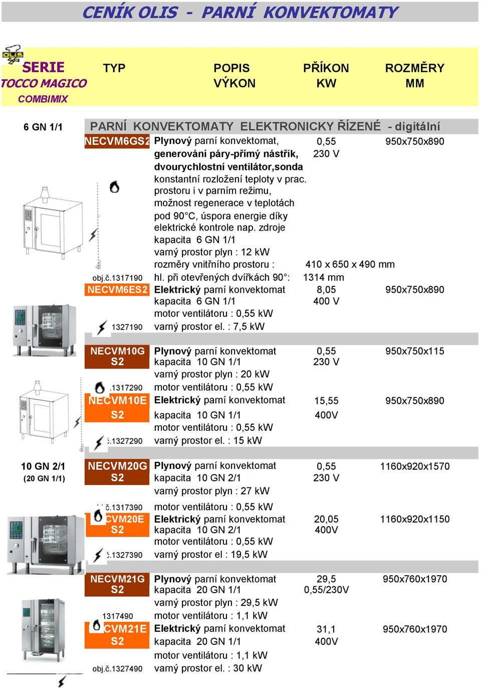 1317190 1314 mm NECVM6ES2 Elektrický parní konvektomat 8,05 950x750x890 kapacita 6 GN 1/1 400 V motor ventilátoru : 0,55 kw obj.č.1327190 varný prostor el.