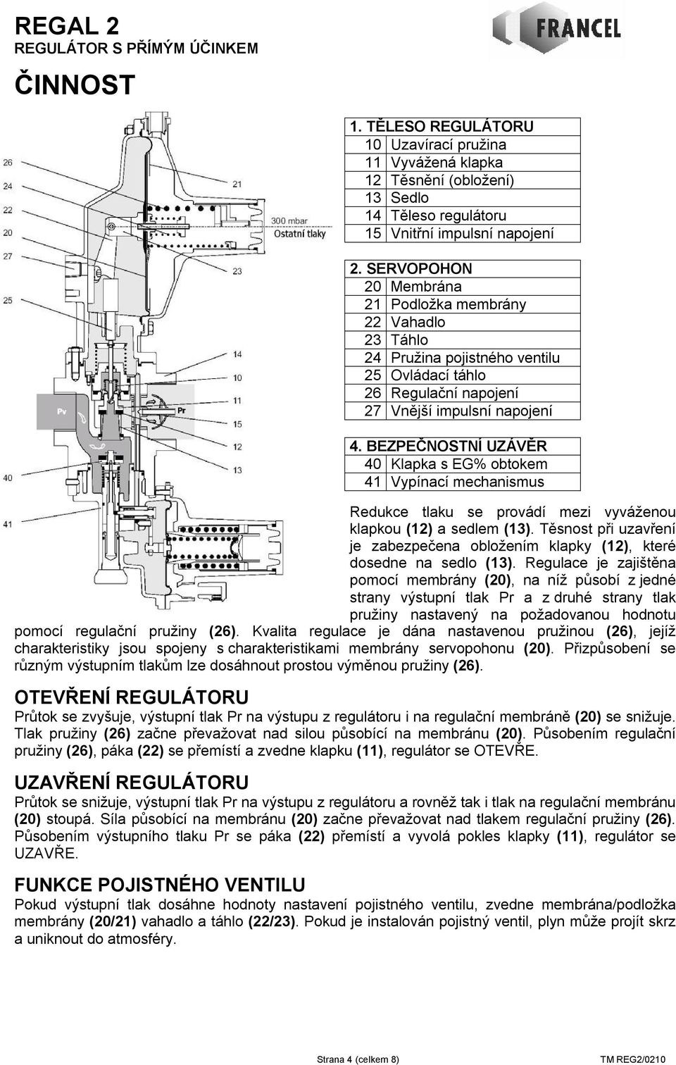 BEZPEČNOSTNÍ UZÁVĚR 40 Klapka s EG% obtokem 41 Vypínací mechanismus Redukce tlaku se provádí mezi vyváženou klapkou (12) a sedlem (13).