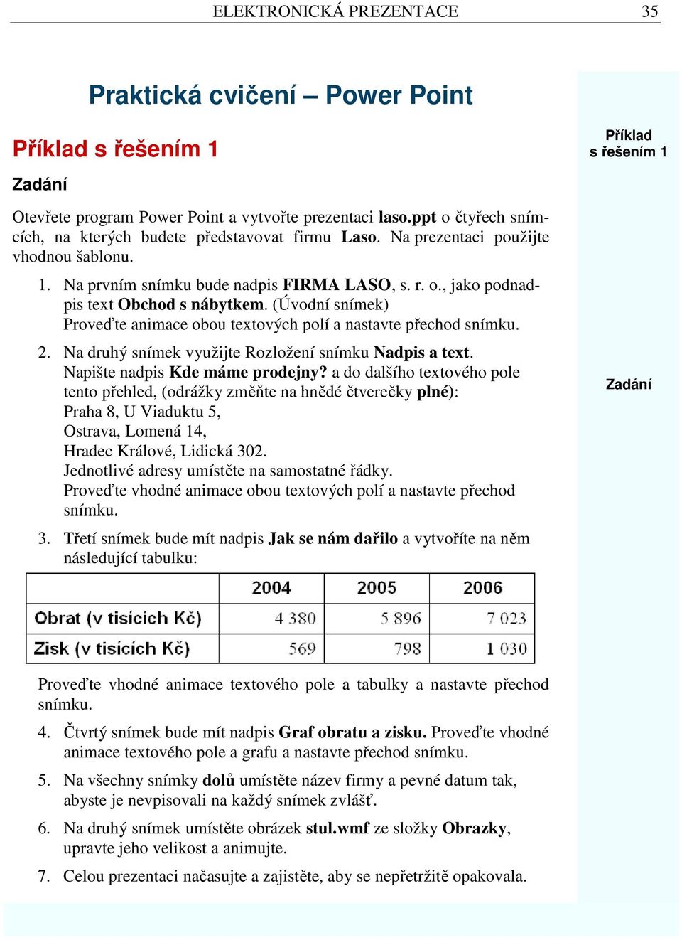 (Úvodní snímek) Proveďte animace obou textových polí a nastavte přechod 2. Na druhý snímek využijte Rozložení snímku Nadpis a text. Napište nadpis Kde máme prodejny?