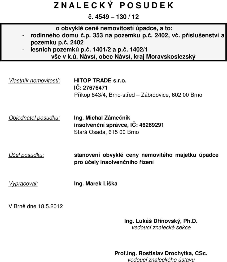 Michal Zámečník insolvenční správce, IČ: 46269291 Stará Osada, 615 00 Brno Účel posudku: stanovení obvyklé ceny nemovitého majetku úpadce pro účely insolvenčního řízení Vypracoval: