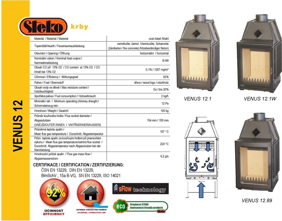 / Efficiency / Wirkungsgrad 92% NUS 12 VE Palivo / Fuel / Brennstoff Obsah vody ve dřevě / Max moisture content / Holzfeuchtigkeit Spotřeba paliva / Fuel consumption / Holzverbrauch Minimální tah /