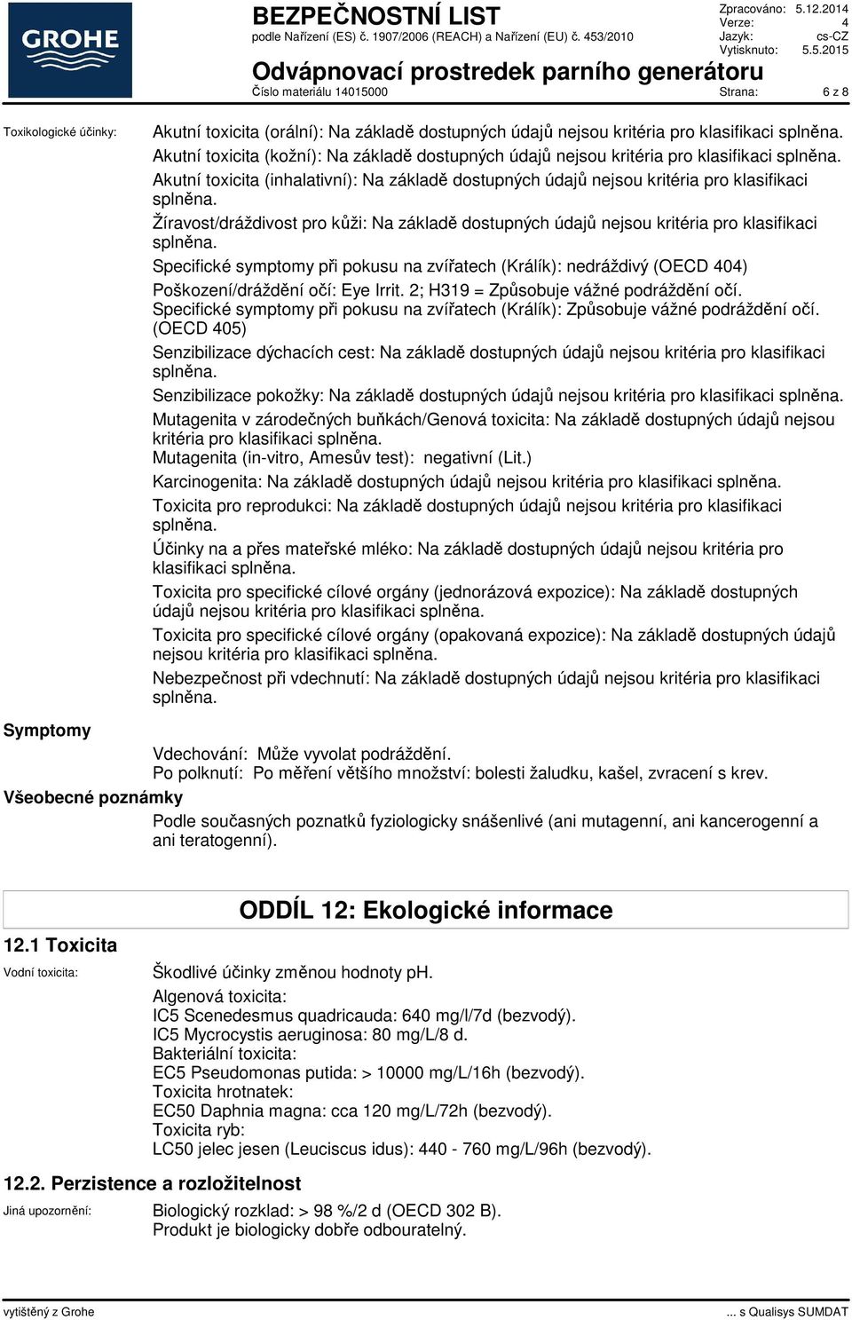 Specifické symptomy při pokusu na zvířatech (Králík): nedráždivý (OECD 404) Poškození/dráždění očí: Eye Irrit. 2; H319 = Způsobuje vážné podráždění očí.