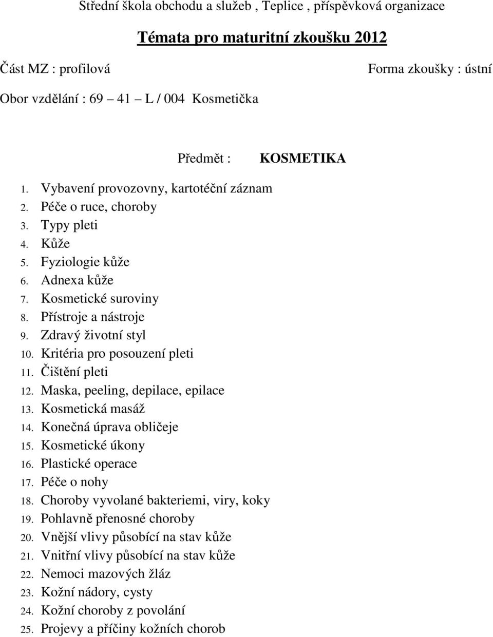 Kritéria pro posouzení pleti 11. Čištění pleti 12. Maska, peeling, depilace, epilace 13. Kosmetická masáž 14. Konečná úprava obličeje 15. Kosmetické úkony 16. Plastické operace 17. Péče o nohy 18.