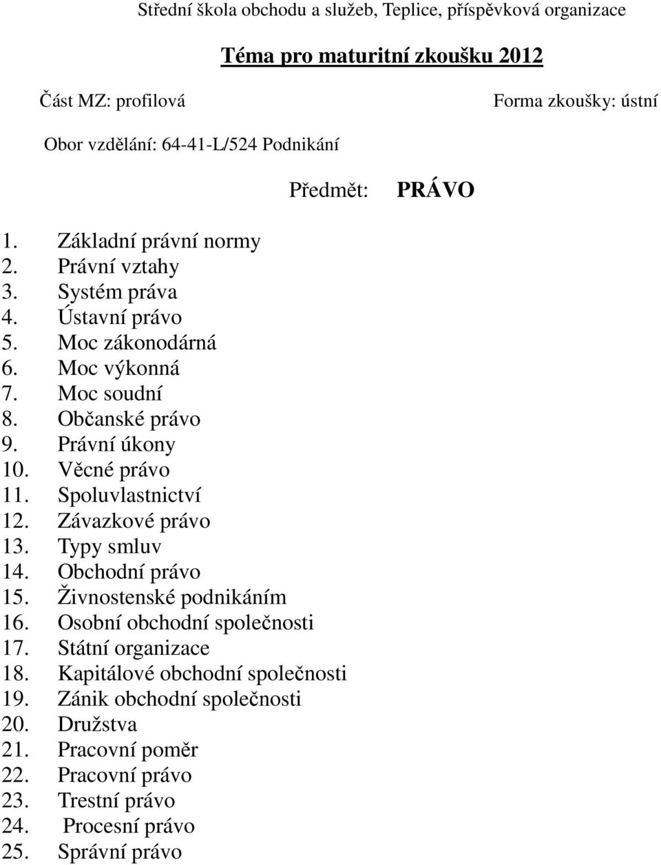 Závazkové právo 13. Typy smluv 14. Obchodní právo 15. Živnostenské podnikáním 16. Osobní obchodní společnosti 17. Státní organizace 18.