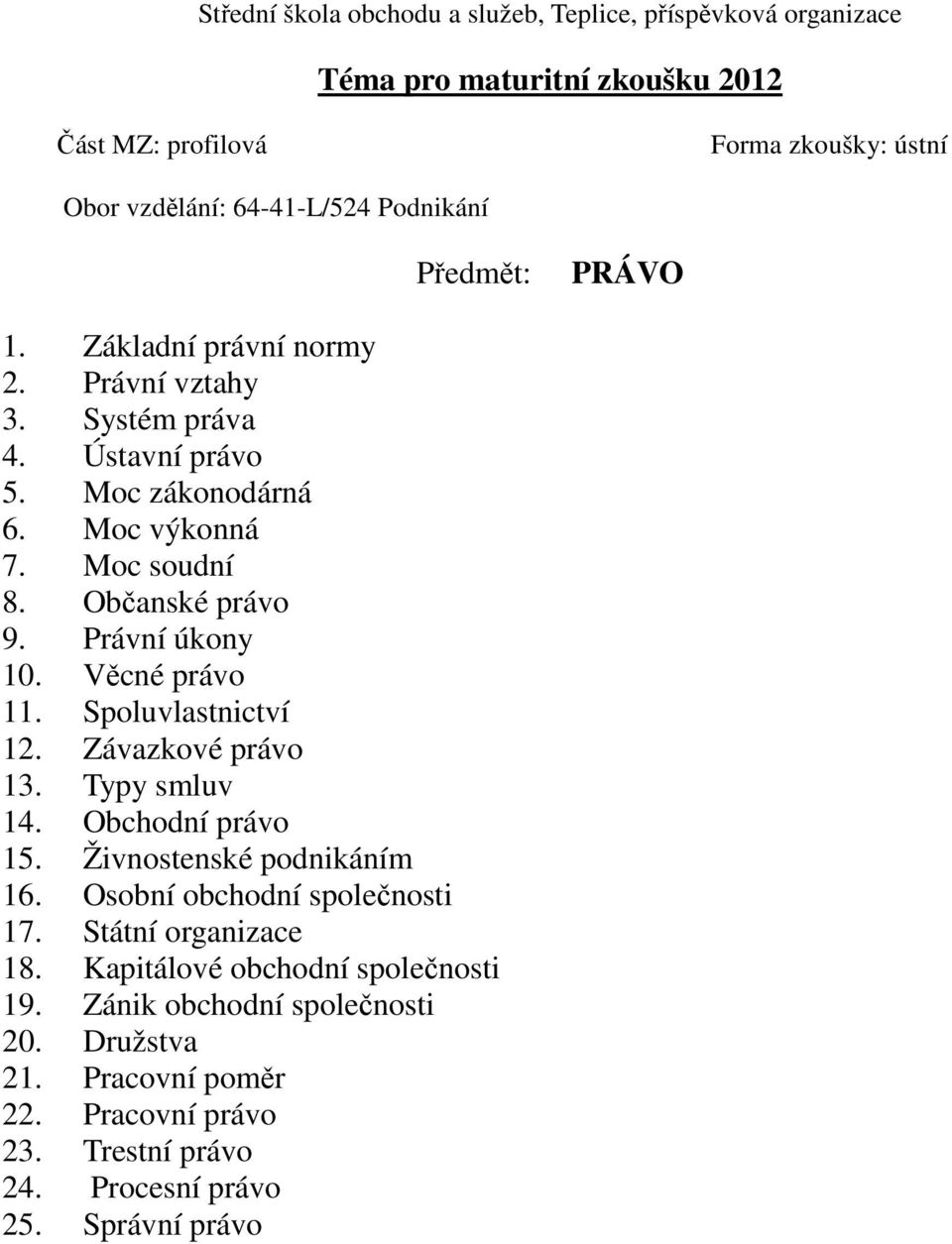 Závazkové právo 13. Typy smluv 14. Obchodní právo 15. Živnostenské podnikáním 16. Osobní obchodní společnosti 17. Státní organizace 18.