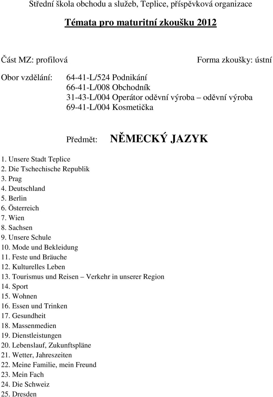 Mode und Bekleidung 11. Feste und Bräuche 12. Kulturelles Leben 13. Tourismus und Reisen Verkehr in unserer Region 14. Sport 15. Wohnen 16.