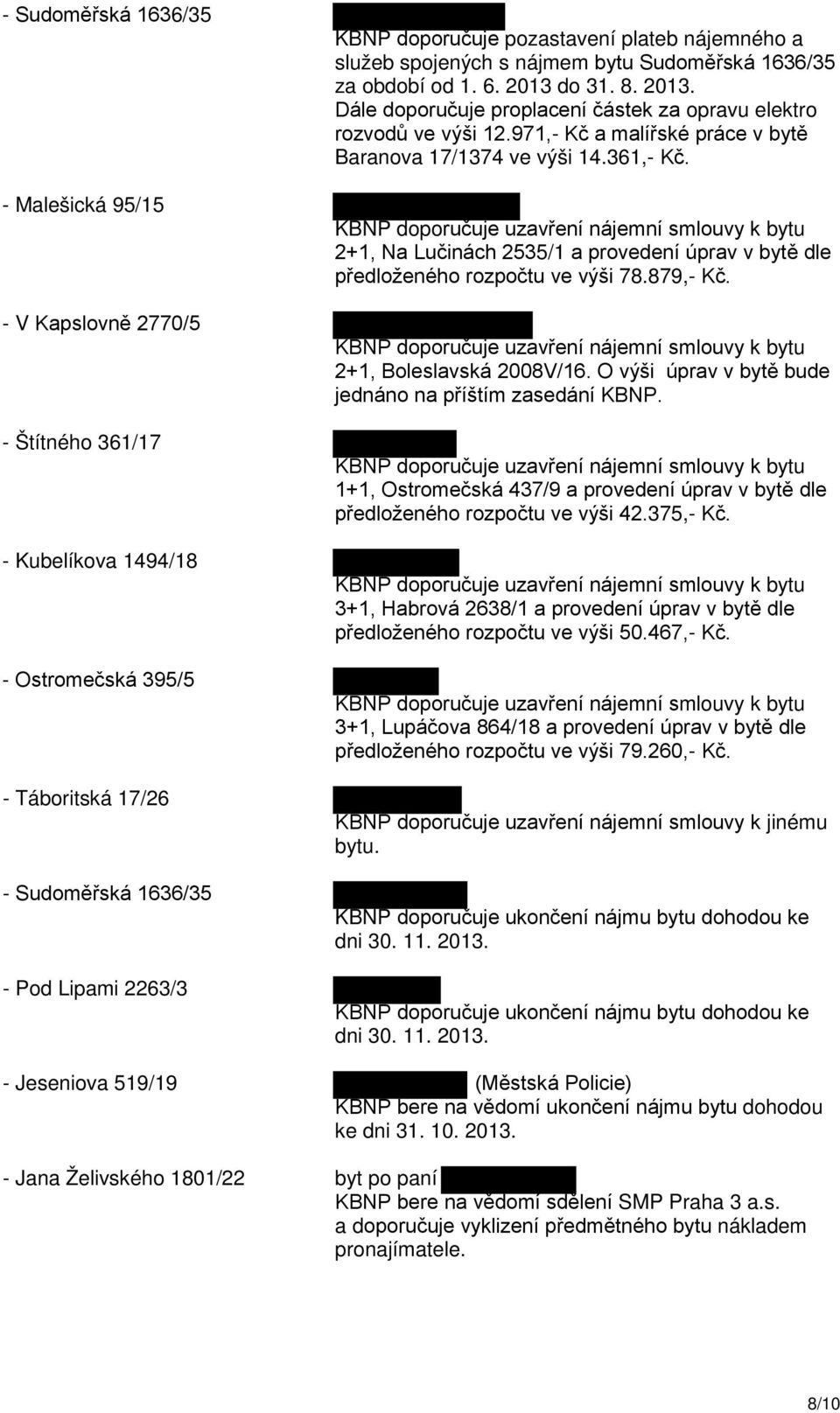 971,- Kč a malířské práce v bytě Baranova 17/1374 ve výši 14.361,- Kč. 2+1, Na Lučinách 2535/1 a provedení úprav v bytě dle předloženého rozpočtu ve výši 78.879,- Kč. 2+1, Boleslavská 2008V/16.