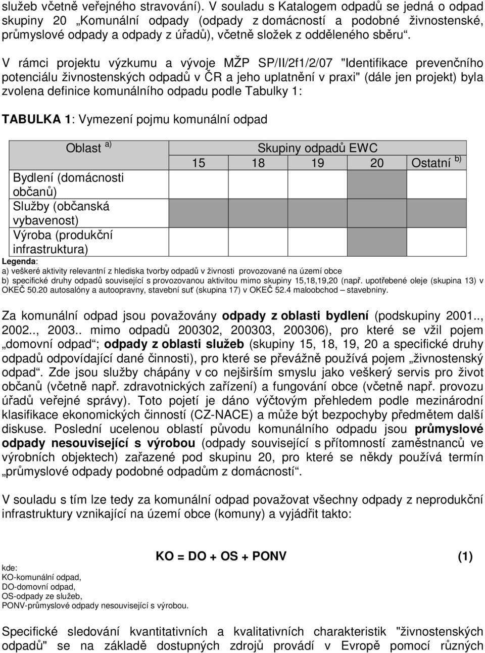 V rámci projektu výzkumu a vývoje MŽP SP/II/2f1/2/07 "Identifikace prevenčního potenciálu živnostenských odpadů v ČR a jeho uplatnění v praxi" (dále jen projekt) byla zvolena definice komunálního