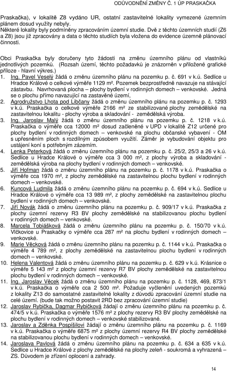 Obci Praskačka byly doručeny tyto žádosti na změnu územního plánu od vlastníků jednotlivých pozemků. (Rozsah území, těchto požadavků je znázorněn v přiložené grafické příloze - hlavní výkres.) 1. Ing.