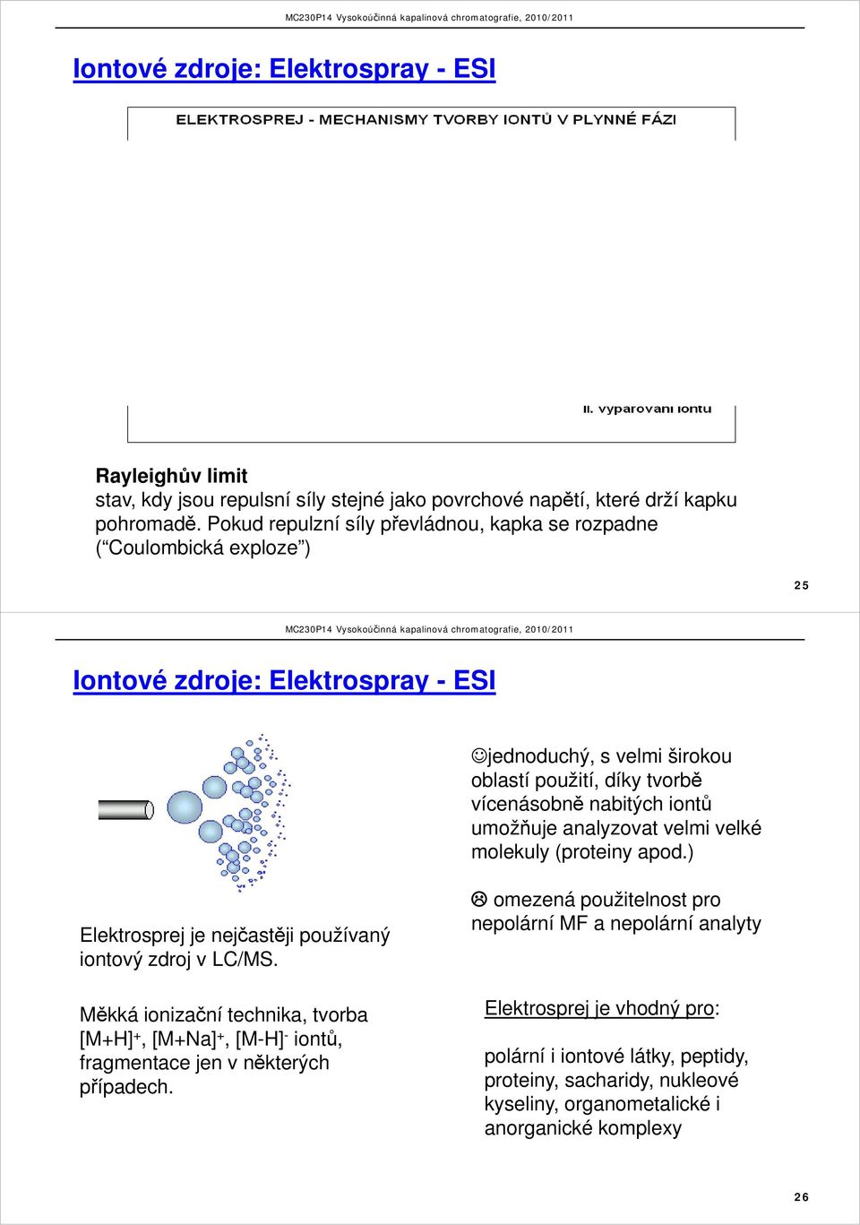 iontů umožňuje analyzovat velmi velké molekuly (proteiny apod.) Elektrosprej je nejčastěji používaný iontový zdroj v LC/MS.