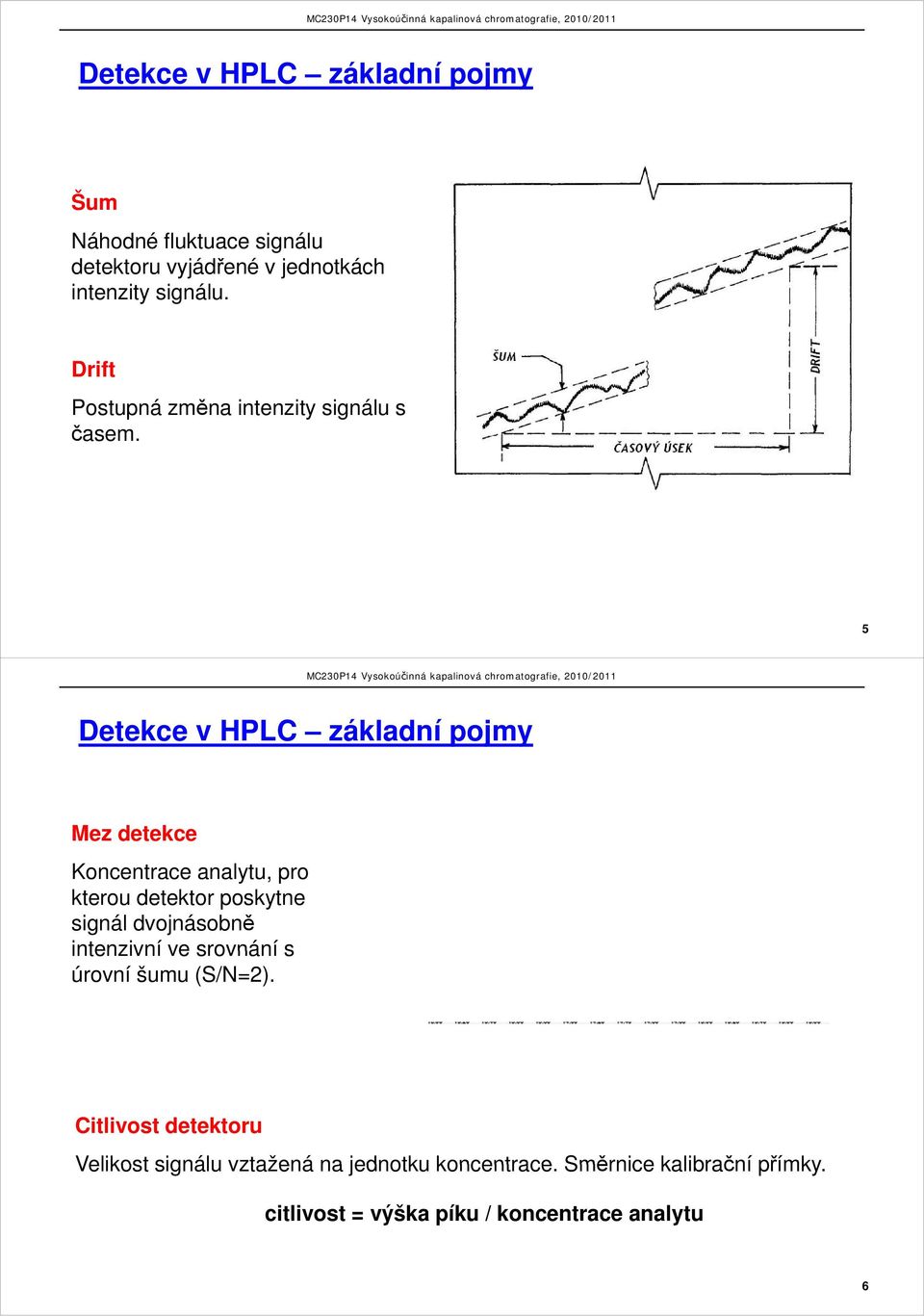 5 Detekce v HPLC základní pojmy Mez detekce Koncentrace analytu, pro kterou detektor poskytne signál dvojnásobně