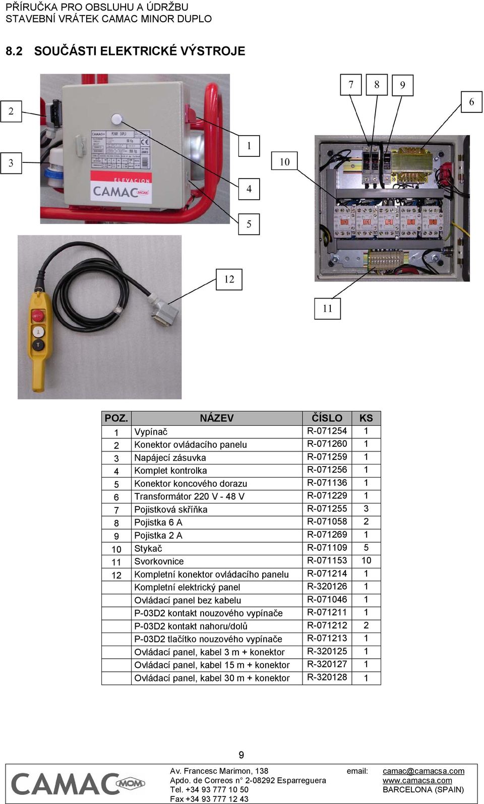 V - 48 V R-071229 1 7 Pojistková skříňka R-071255 3 8 Pojistka 6 A R-071058 2 9 Pojistka 2 A R-071269 1 10 Stykač R-071109 5 11 Svorkovnice R-071153 10 12 Kompletní konektor ovládacího panelu