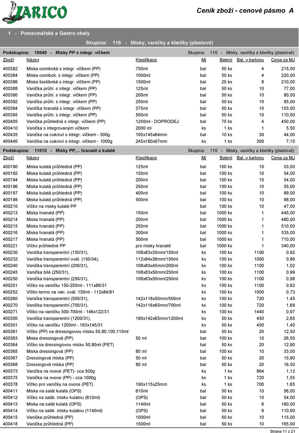 s integr. víčkem (PP) 125ml bal 50 ks 10 77,00 400390 Vanička průhl. s integr. víčkem (PP) 200ml bal 50 ks 10 80,00 400392 Vanička průhl. s integr. víčkem (PP) 250ml bal 50 ks 10 85,00 400394 Vanička hranatá s integr.