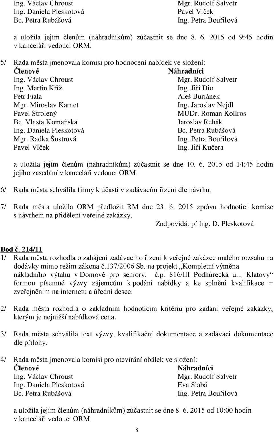 Jaroslav Nejdl Pavel Strolený MUDr. Roman Kollros Bc. Vlasta Komaňská Jaroslav Rehák Ing. Daniela Pleskotová Bc. Petra Rubášová Mgr. Radka Šustrová Ing. Petra Bouřilová Pavel Vlček Ing.