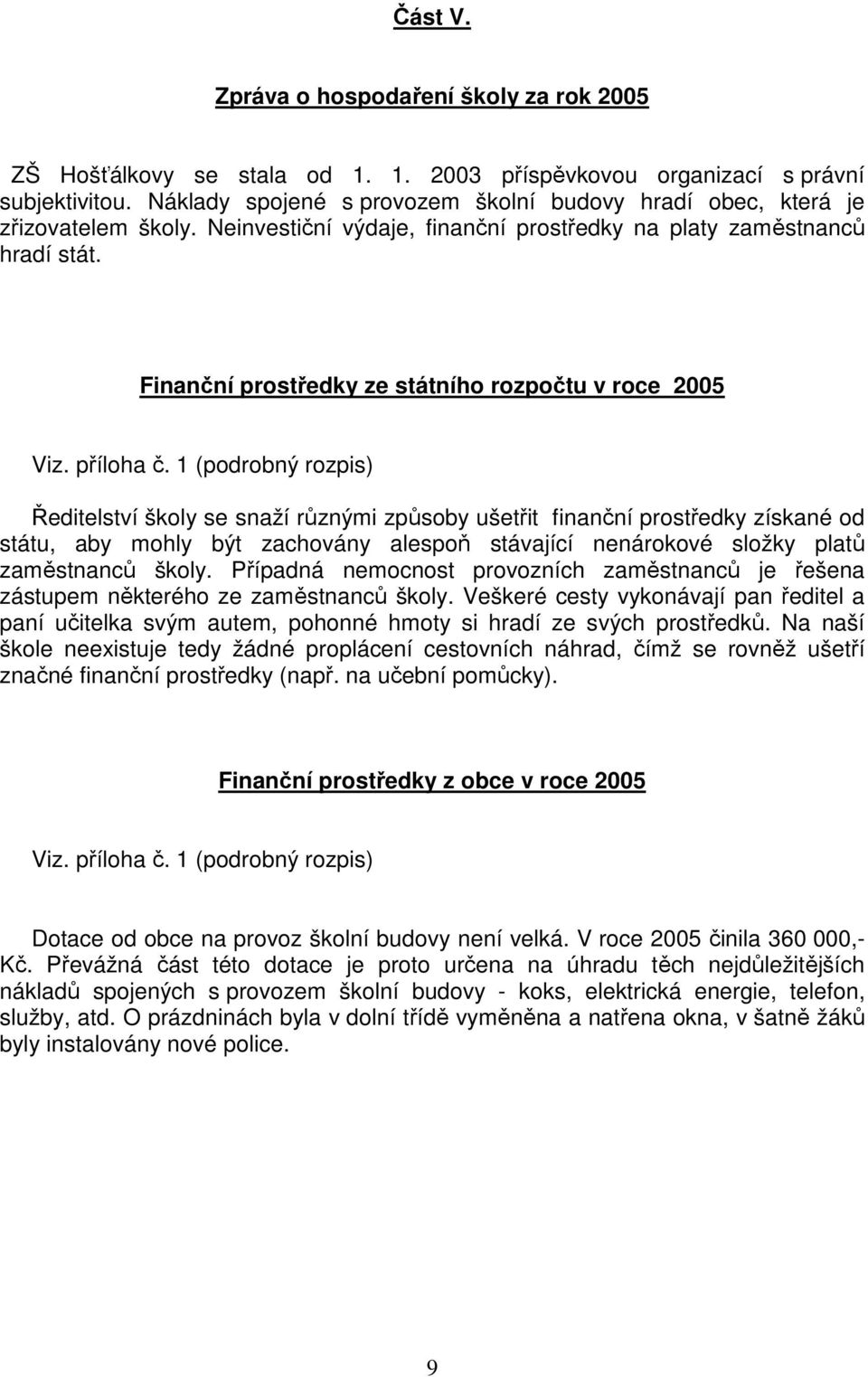 Finanční prostředky ze státního rozpočtu v roce 2005 Viz. příloha č.