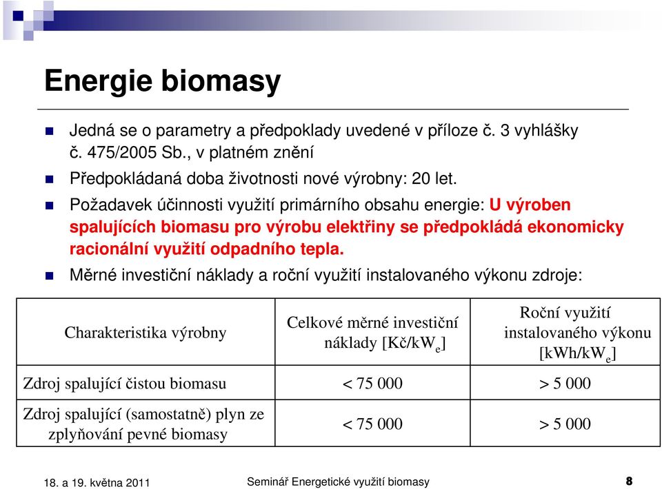 Měrné investiční náklady a roční využití instalovaného výkonu zdroje: Charakteristika výrobny Zdroj spalujícíčistou biomasu Zdroj spalující (samostatně) plyn ze