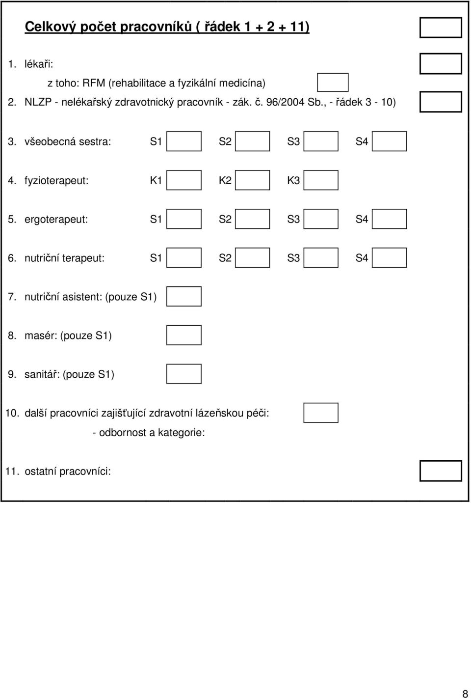 fyzioterapeut: K1 K2 K3 5. ergoterapeut: S1 S2 S3 S4 6. nutriční terapeut: S1 S2 S3 S4 7. nutriční asistent: (pouze S1) 8.