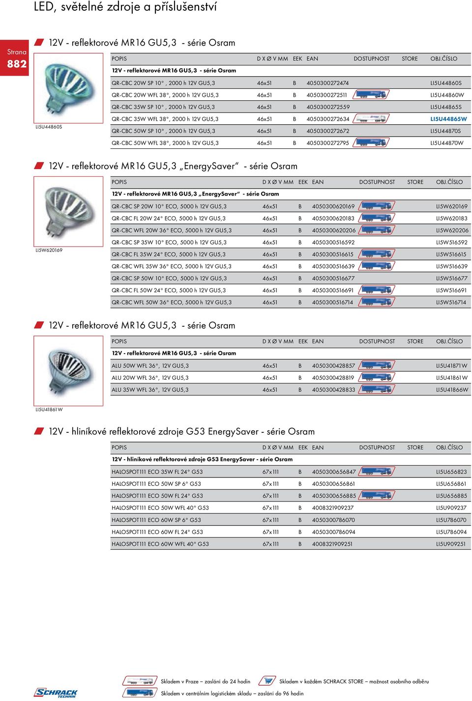 2000 h 12V GU5,3 46x51 B 4050300272672 LI5U44870S QR-CBC 50W WFL 38, 2000 h 12V GU5,3 46x51 B 4050300272795 LI5U44870W w 12V - reflektorové MR16 GU5,3 EnergySaver - série Osram 12V - reflektorové