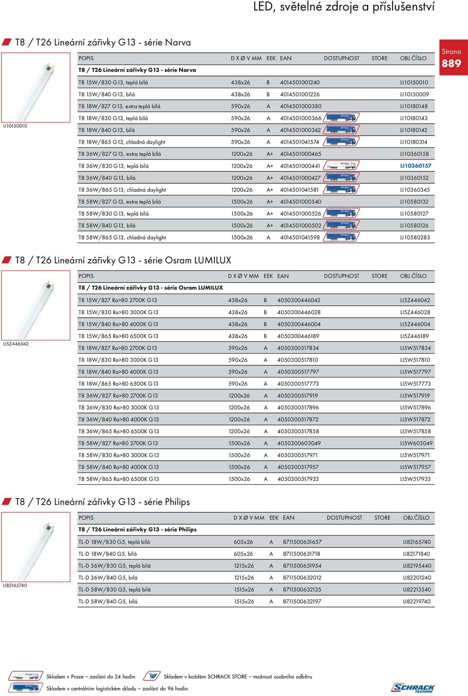 LI10180142 T8 18W/865 G13, chladná daylight 590x26 A 4014501041574 LI10180314 T8 36W/827 G13, extra teplá bílá 1200x26 A+ 4014501000465 LI10360158 T8 36W/830 G13, teplá bílá 1200x26 A+ 4014501000441