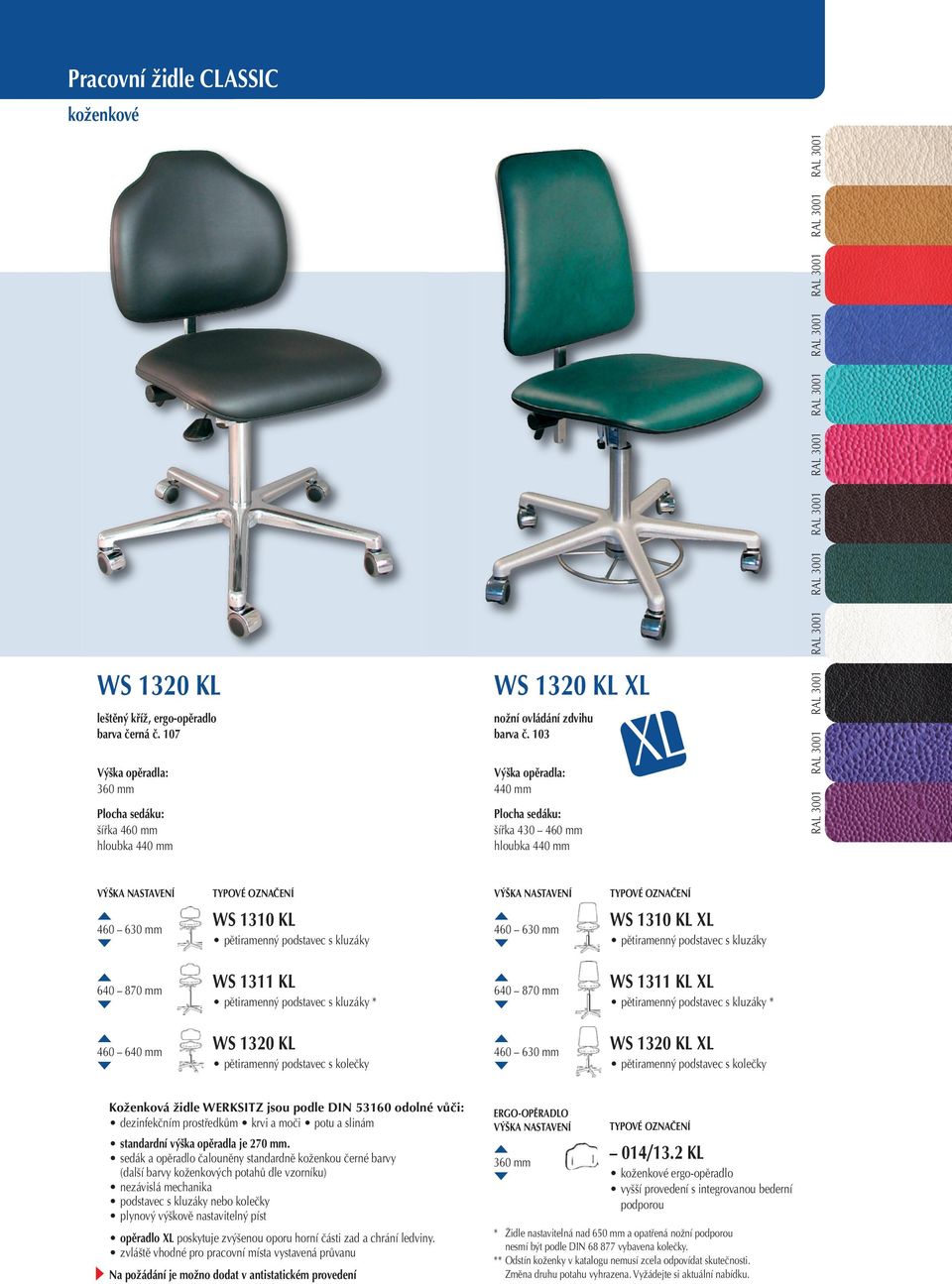 1320 KL XL Koženková židle WERKSITZ jsou podle DIN 53160 odolné vůči: dezinfekčním prostředkům krvi a moči potu a slinám standardní výška opěradla je 270 mm.