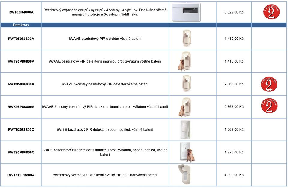 RWX95086800A iwave 2-cestný bezdrátový PIR detektor včetně baterií 2 866,00 Kč RWX95P86800A iwave 2-cestný bezdrátový PIR detektor s imunitou proti zvířatům včetně baterií 2 866,00 Kč RWT92086800C