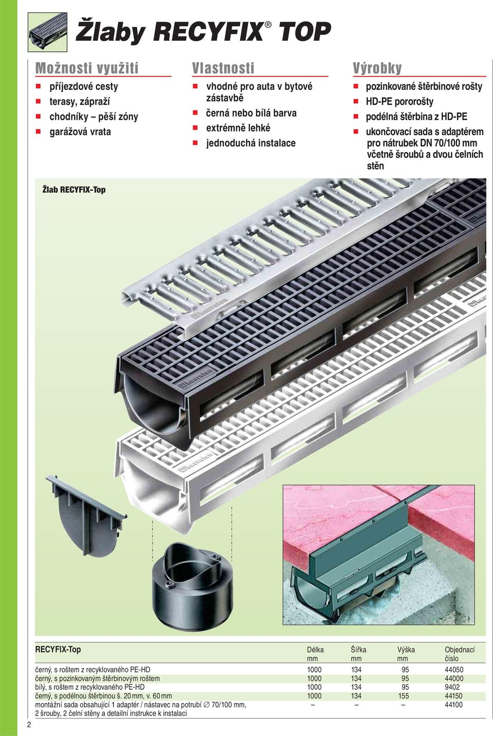 -Top 2 -Top Délka Šířka Výška Objednací mm mm mm číslo černý, s roštem z recyklovaného PE-HD 1000 134 95 44050 černý, s pozinkovaným štěrbinovým roštem 1000 134 95 44000 bílý, s roštem z