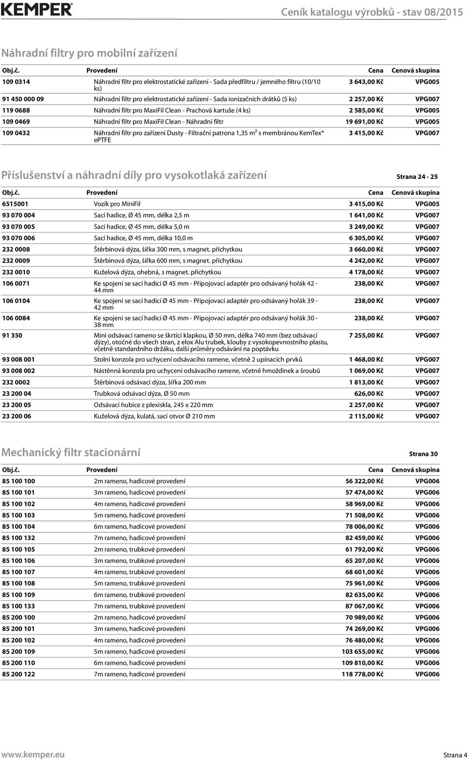 Clean - Náhradní filtr 19 691,00 Kč VPG005 109 0432 Náhradní filtr pro zařízení Dusty - Filtrační patrona 1,35 m² s membránou KemTex eptfe 3 415,00 Kč VPG007 Příslušenství a náhradní díly pro