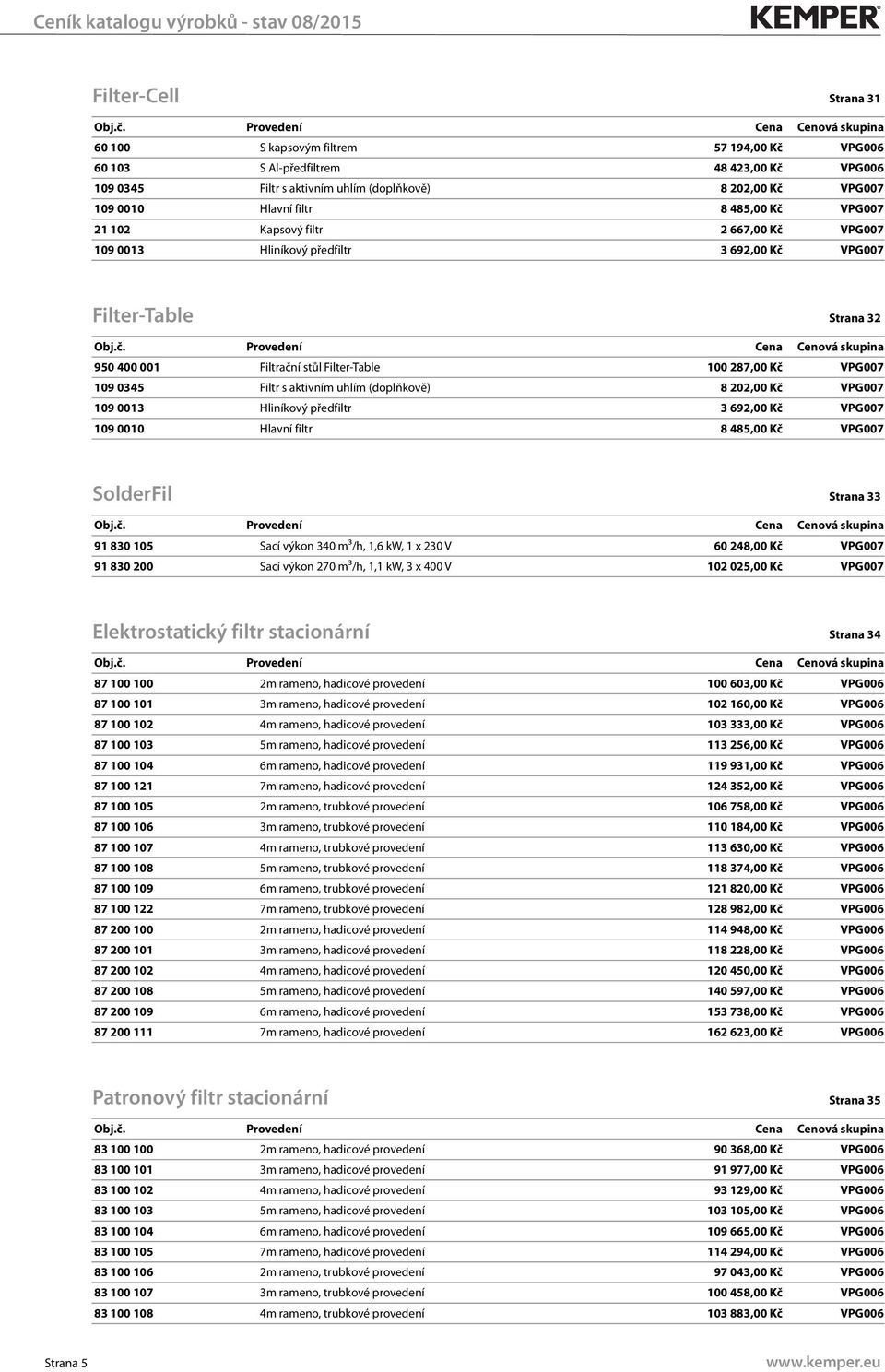 Filtr s aktivním uhlím (doplňkově) 8 202,00 Kč VPG007 109 0013 Hliníkový předfiltr 3 692,00 Kč VPG007 109 0010 Hlavní filtr 8 485,00 Kč VPG007 SolderFil Strana 33 91 830 105 Sací výkon 340 m³/h, 1,6