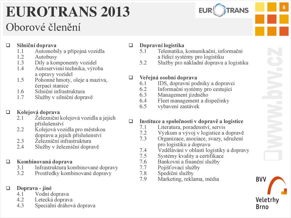 2 Kolejová vozidla pro městskou dopravu a jejich příslušenství 2.3 Železniční infrastruktura 2.4 Služby v železniční dopravě Kombinovaná doprava 3.1 Infrastruktura kombinované dopravy 3.