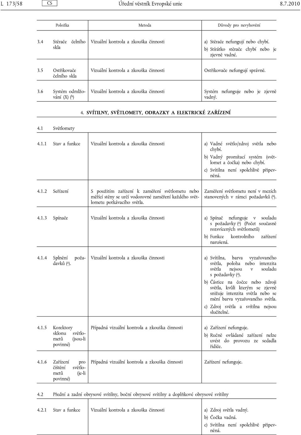 Světlomety 4.1.1 Stav a funkce a zkouška činnosti a) Vadné světlo/zdroj světla nebo chybí. b) Vadný promítací systém (světlomet a čočka) nebo chybí. c) Svítilna není spolehlivě připevněná. 4.1.2 Seřízení S použitím zařízení k zaměření světlometu nebo měřící stěny se určí vodorovné zaměření každého světlometu potkávacího světla.