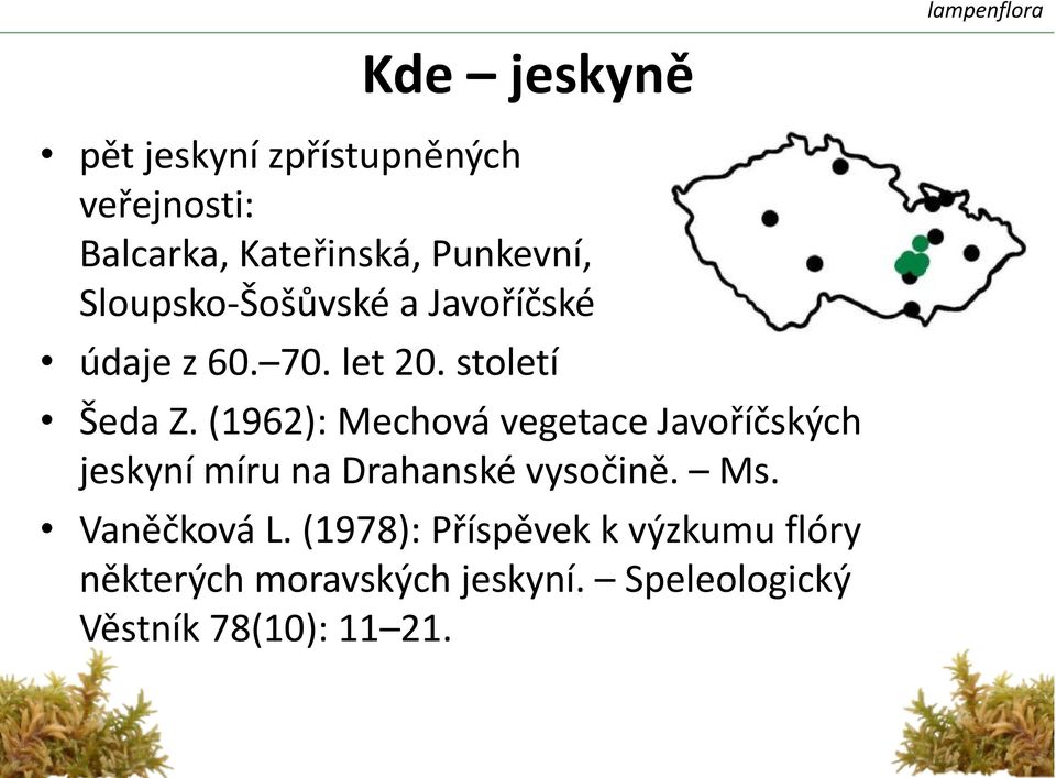 (1962): Mechová vegetace Javoříčských jeskyní míru na Drahanské vysočině. Ms. Vaněčková L.