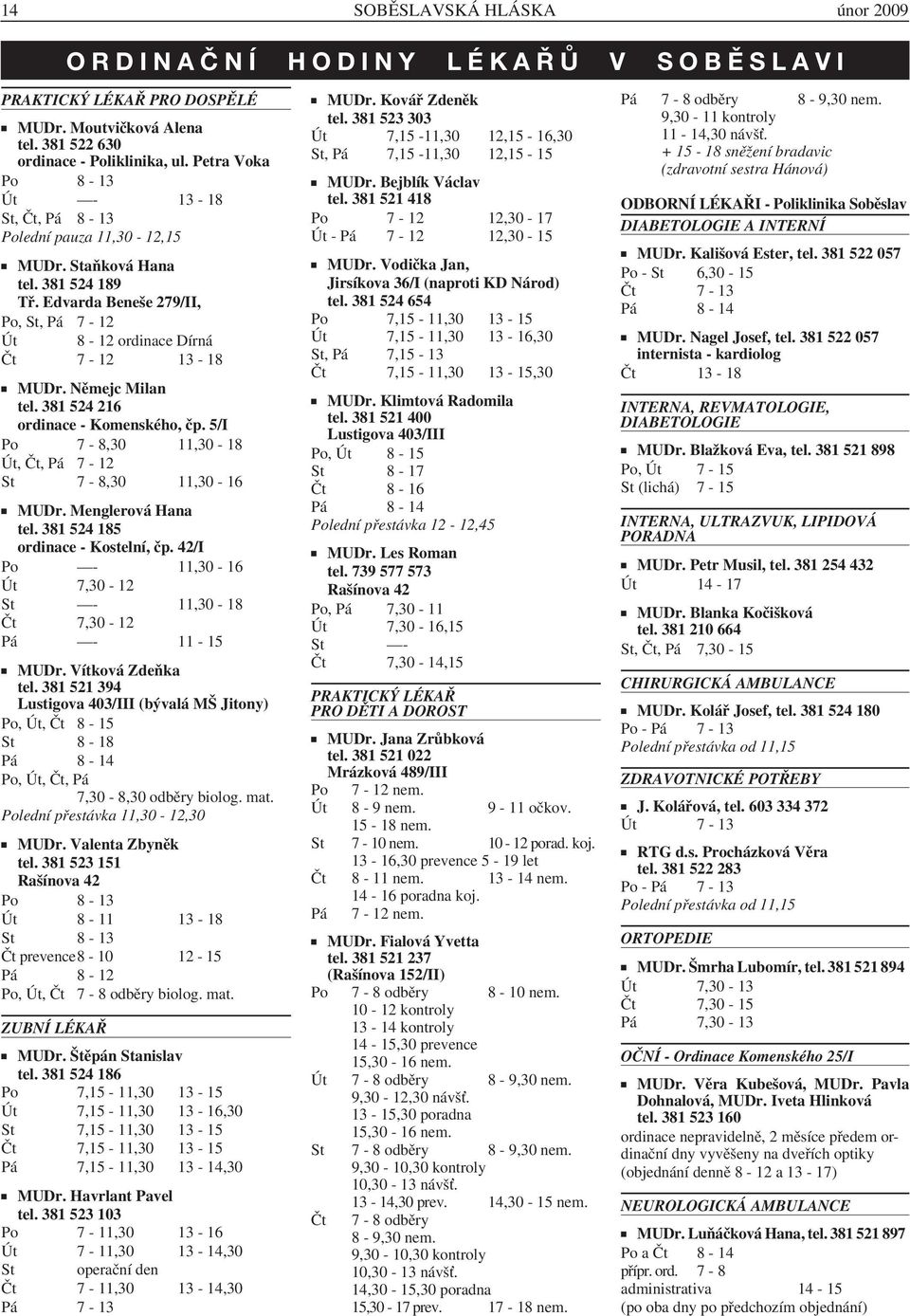 Němejc Milan tel. 381 524 216 ordinace - Komenského, čp. 5/I Po 7-8,30 11,30-18 Út, Čt, Pá 7-12 St 7-8,30 11,30-16 MUDr. Menglerová Hana tel. 381 524 185 ordinace - Kostelní, čp.