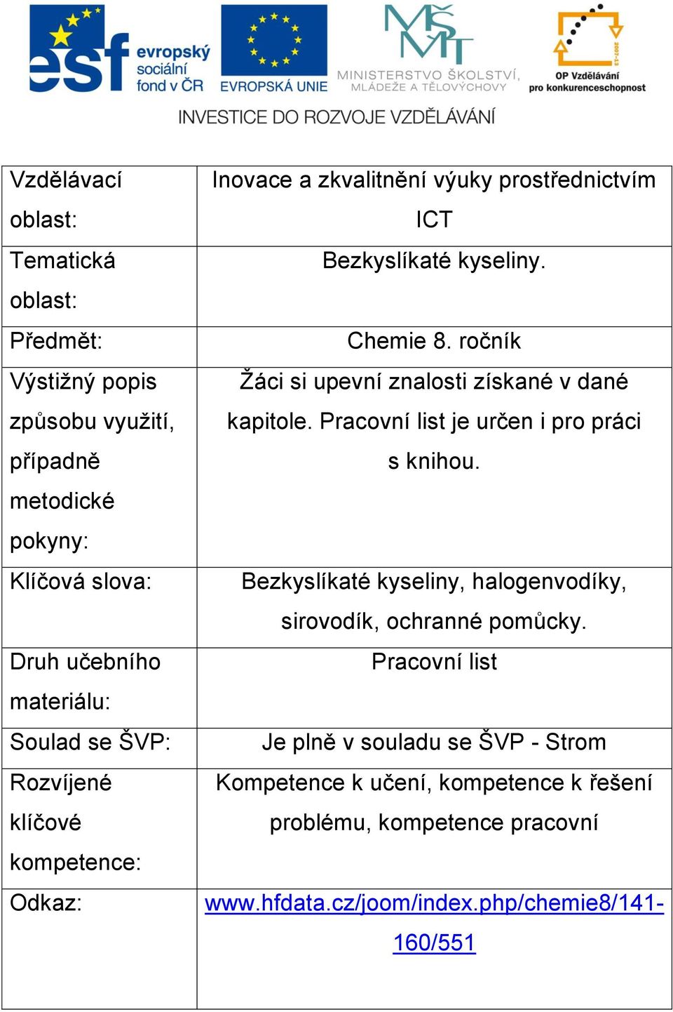 ročník Žáci si upevní znalosti získané v dané kapitole. Pracovní list je určen i pro práci s knihou.