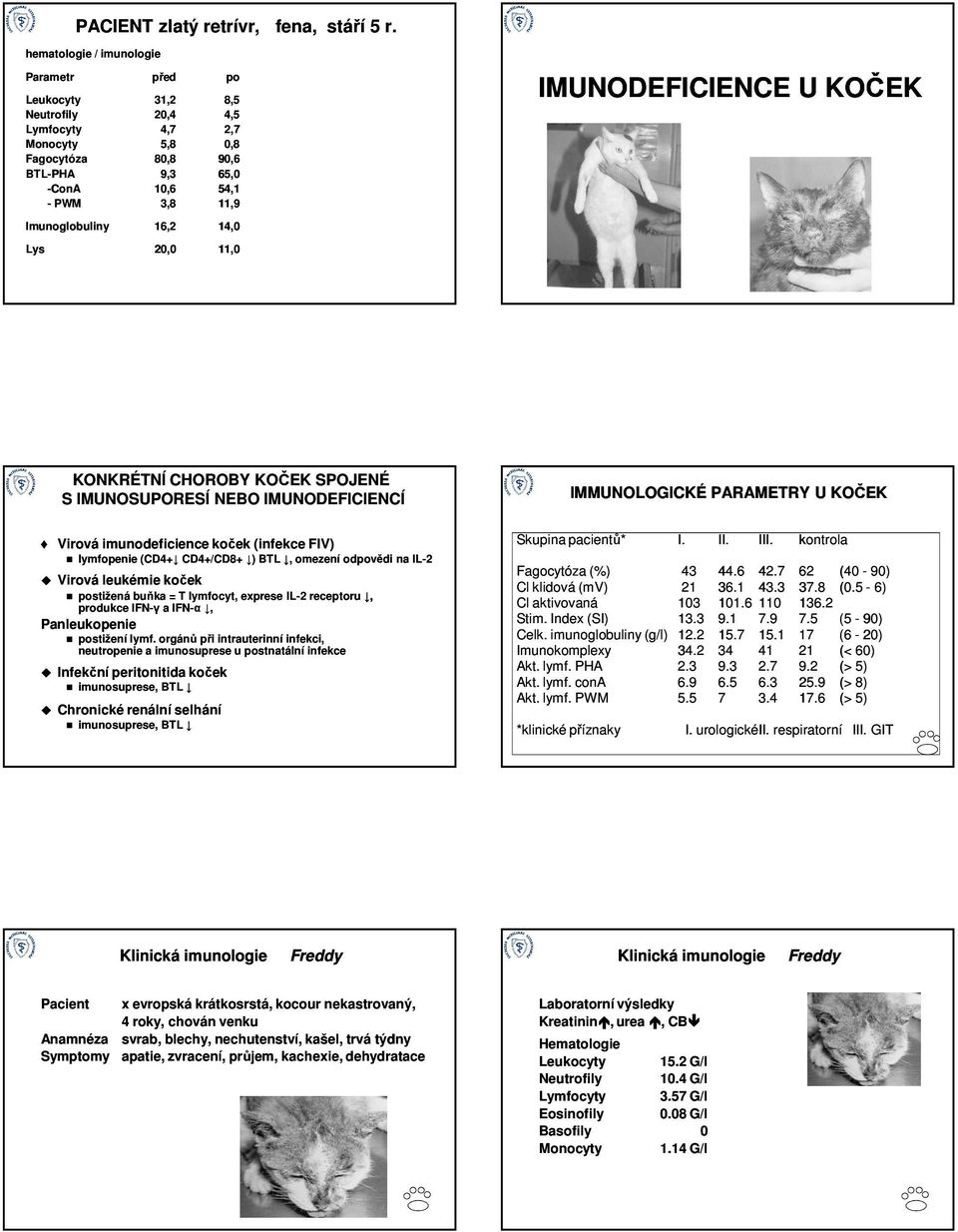 16,2 14,0 Lys 20,0 11,0 IMUNODEFICIENCE U KOČEK KONKRÉTNÍ CHOROBY KOČEK SPOJENÉ S IMUNOSUPORESÍ NEBO IMUNODEFICIENCÍ Virová imunodeficience koček (infekce FIV) lymfopenie (CD4+ CD4+/CD8+ ) ) BTL,,