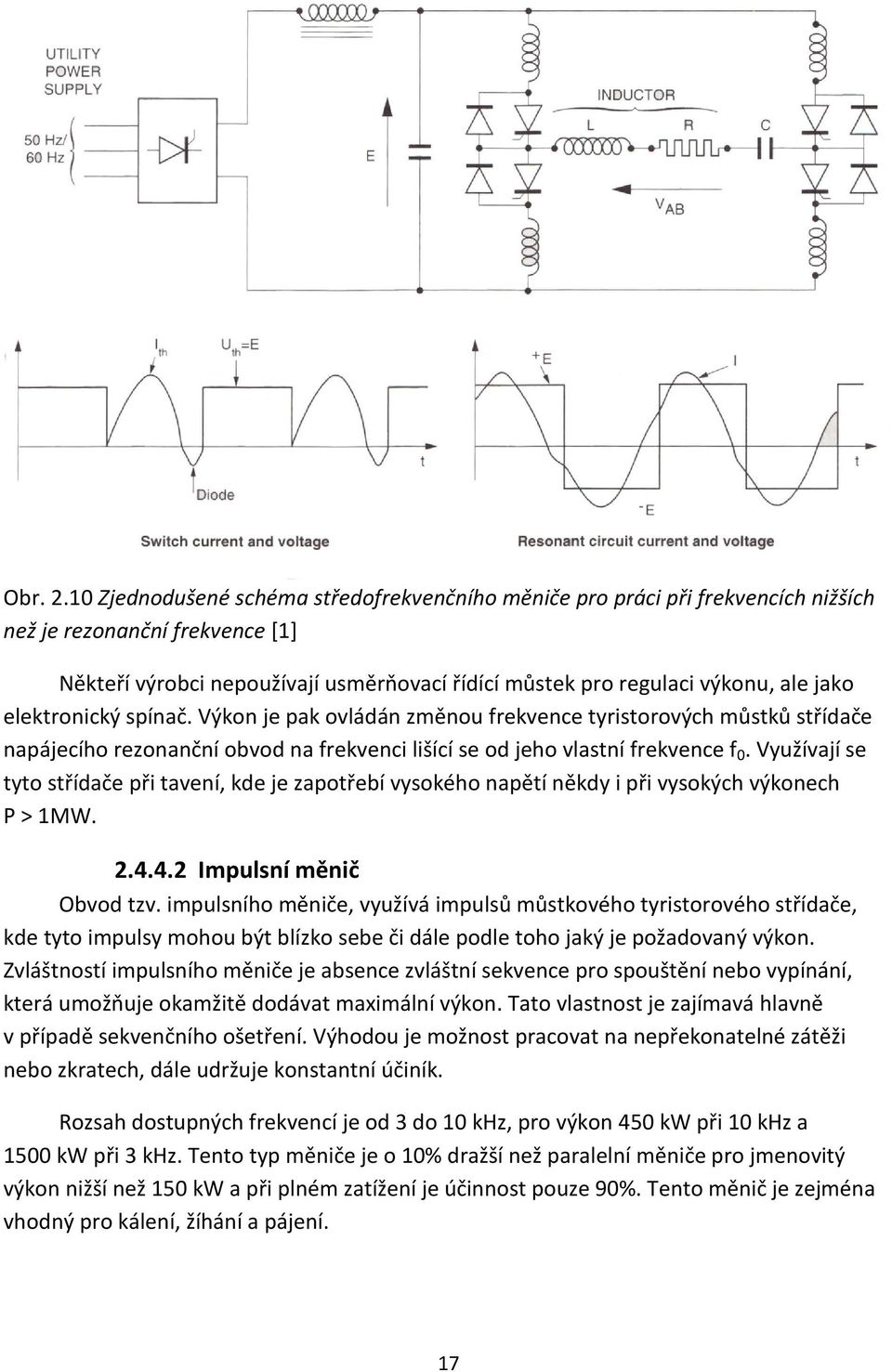 elektronický spínač. Výkon je pak ovládán změnou frekvence tyristorových můstků střídače napájecího rezonanční obvod na frekvenci lišící se od jeho vlastní frekvence f 0.
