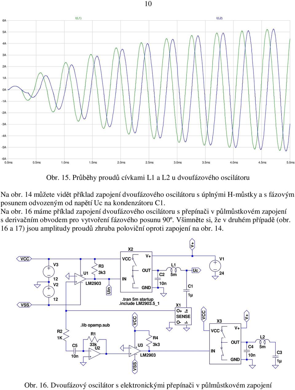 16 máme příklad zapojení dvoufázového oscilátoru s přepínači v půlmůstkovém zapojení s derivačním obvodem pro vytvoření fázového posunu 90º. Všimněte si, že v druhém případě (obr.