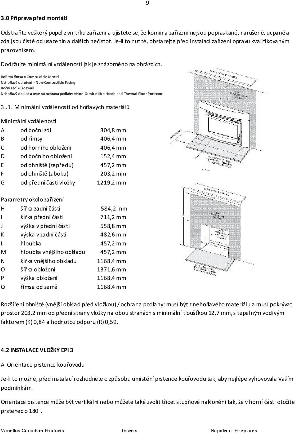 Hořlavá římsa = Combustible Mantel Nehořlavé obložení = Non-Combustible Facing Boční zeď = Sidewall Nehořlavý obklad a tepelná ochrana podlahy = Non-Combustible Hearth and Thermal Floor Protector 3..1.