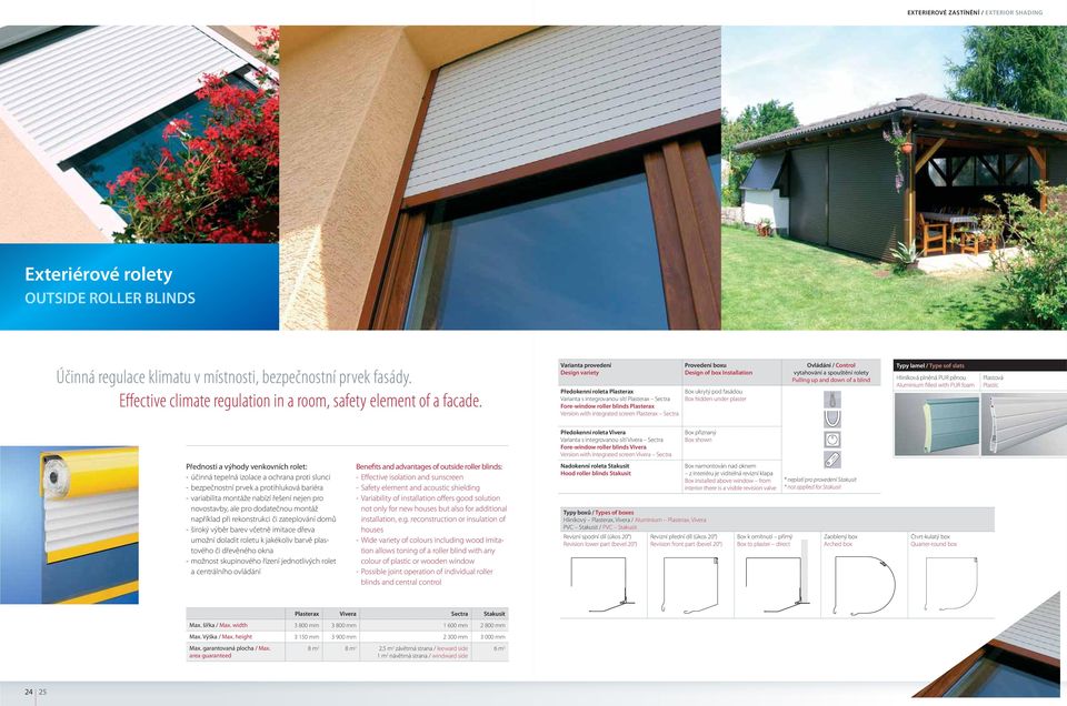 Předokenní roleta Plasterax Varianta s integrovanou sítí Plasterax Sectra Fore-window roller blinds Plasterax Version with integrated screen Plasterax Sectra Provedení boxu Design of box Installation