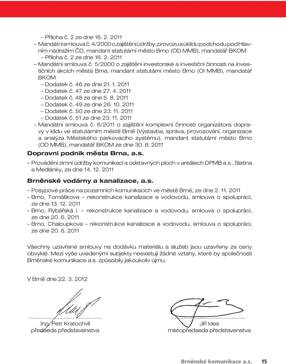 46 ze dne 21. 1. 2011 Dodatek č. 47 ze dne 27. 4. 2011 Dodatek č. 48 ze dne 5. 8. 2011 Dodatek č. 49 ze dne 26. 10. 2011 Dodatek č. 50 ze dne 23. 11. 2011 Dodatek č. 51 ze dne 23. 11. 2011 Mandátní smlouva č.