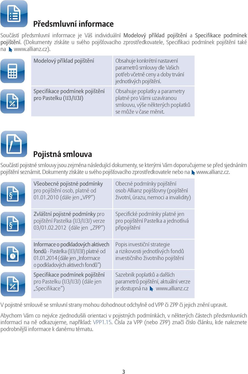 Modelový příklad pojištění Specifikace podmínek pojištění pro Pastelku (IJ3/IJ3J) Obsahuje konkrétní nastavení parametrů smlouvy dle Vašich potřeb včetně ceny a doby trvání jednotlivých pojištění.