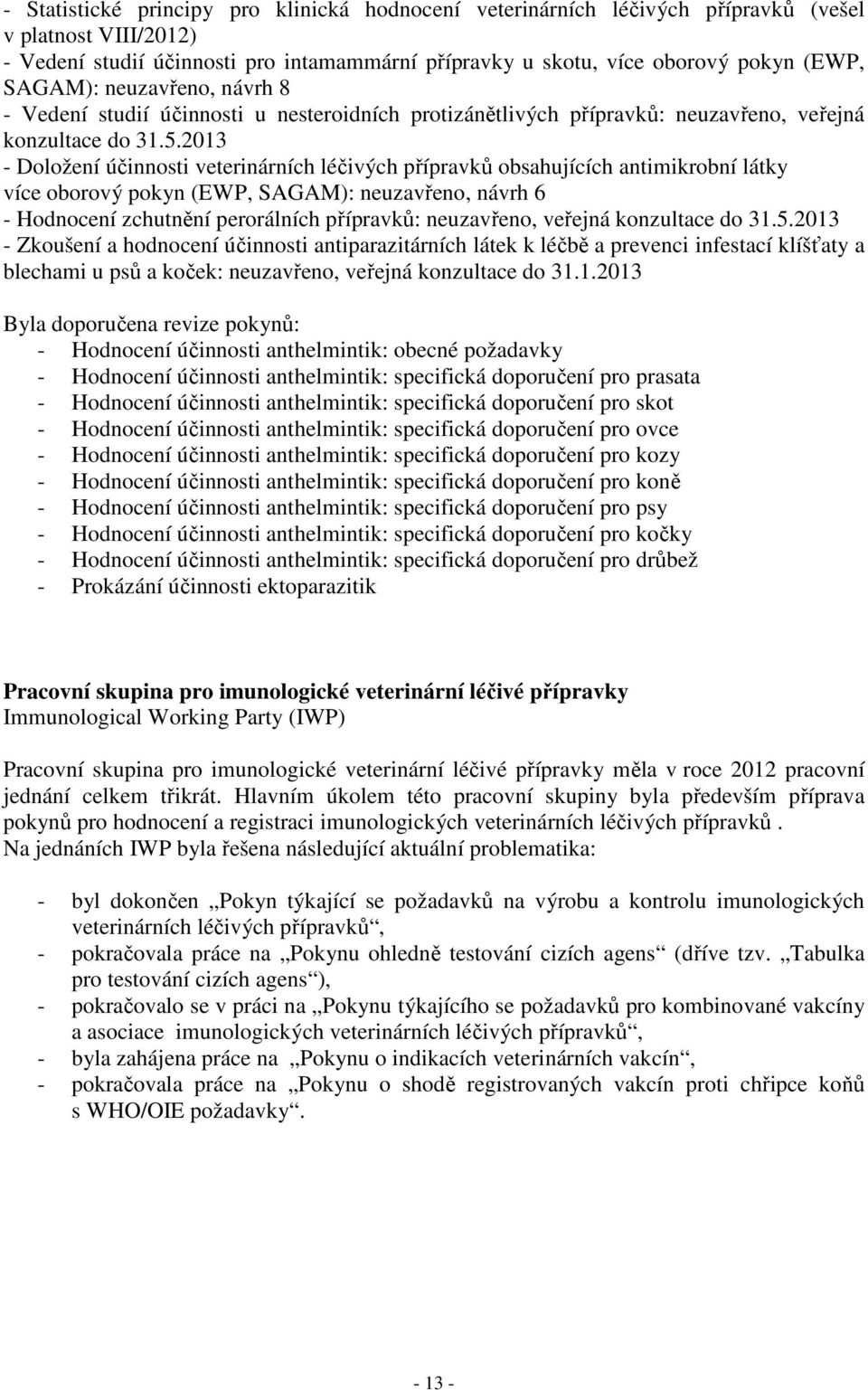 2013 - Doložení účinnosti veterinárních léčivých přípravků obsahujících antimikrobní látky více oborový pokyn (EWP, SAGAM): neuzavřeno, návrh 6 - Hodnocení zchutnění perorálních přípravků: