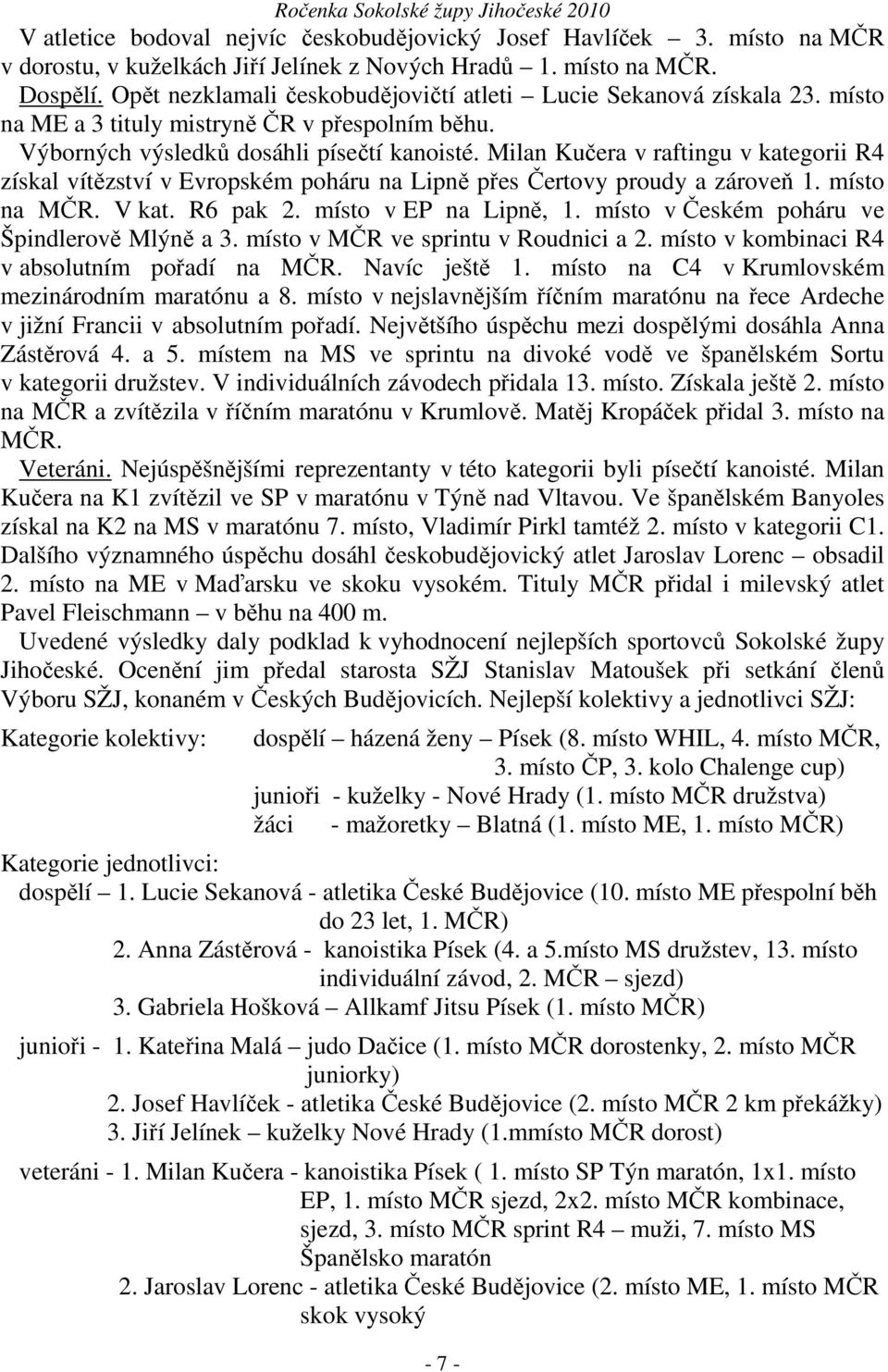 Milan Kučera v raftingu v kategorii R4 získal vítězství v Evropském poháru na Lipně přes Čertovy proudy a zároveň 1. místo na MČR. V kat. R6 pak 2. místo v EP na Lipně, 1.