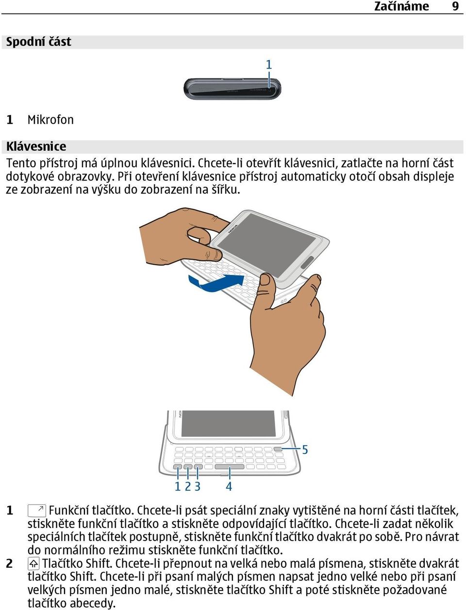 Chcete-li psát speciální znaky vytištěné na horní části tlačítek, stiskněte funkční tlačítko a stiskněte odpovídající tlačítko.