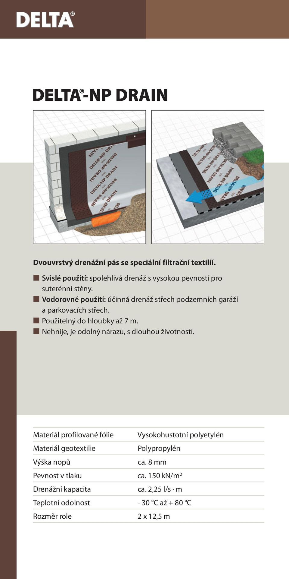 Vodorovné použití: účinná drenáž střech podzemních garáží a parkovacích střech. Použitelný do hloubky až 7 m.