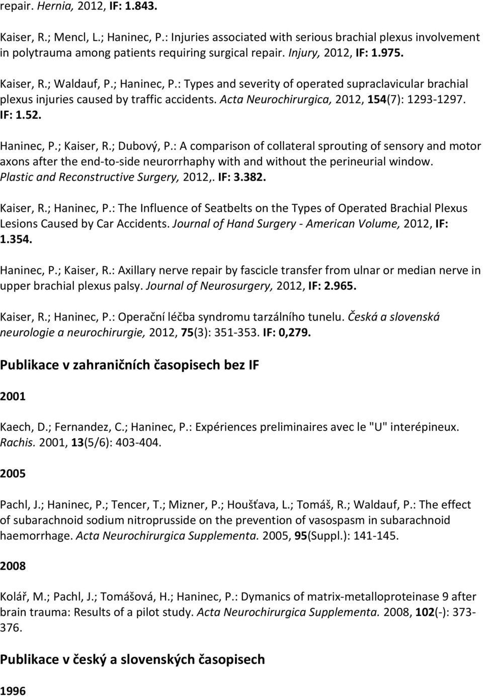 Acta Neurochirurgica, 2012, 154(7): 1293-1297. IF: 1.52. Haninec, P.; Kaiser, R.; Dubový, P.
