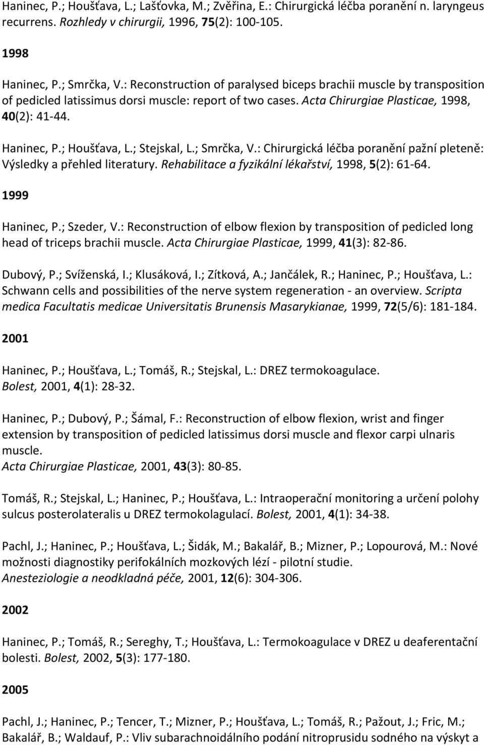 ; Stejskal, L.; Smrčka, V.: Chirurgická léčba poranění pažní pleteně: Výsledky a přehled literatury. Rehabilitace a fyzikální lékařství, 1998, 5(2): 61-64. 1999 Haninec, P.; Szeder, V.