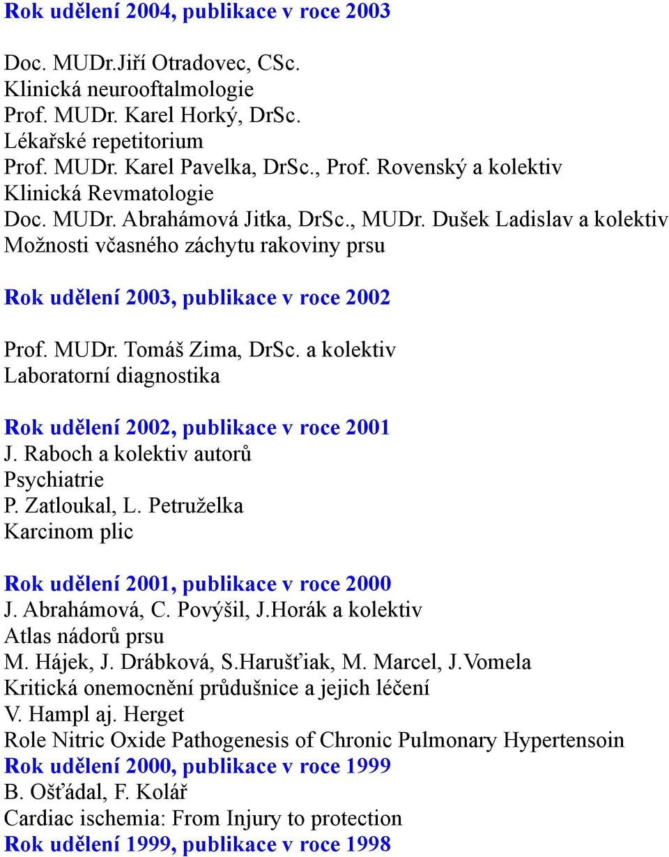 MUDr. Tomáš Zima, DrSc. a kolektiv Laboratorní diagnostika Rok udělení 2002, publikace v roce 2001 J. Raboch a kolektiv autorů Psychiatrie P. Zatloukal, L.