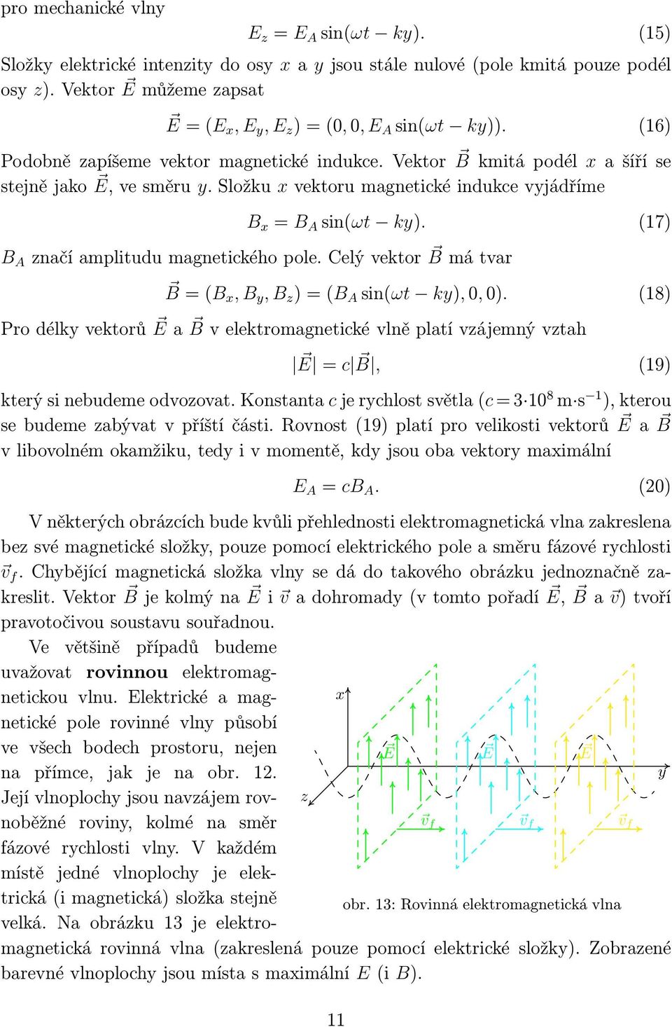 celývektor Bmátvar B=(B x, B y, B z )=(B A sin(ωt ky),0,0). (18) Prodélkyvektorů Ea Bvelektromagnetickévlněplatívzájemnývztah E =c B, (19) kterýsinebudemeodvozovat.