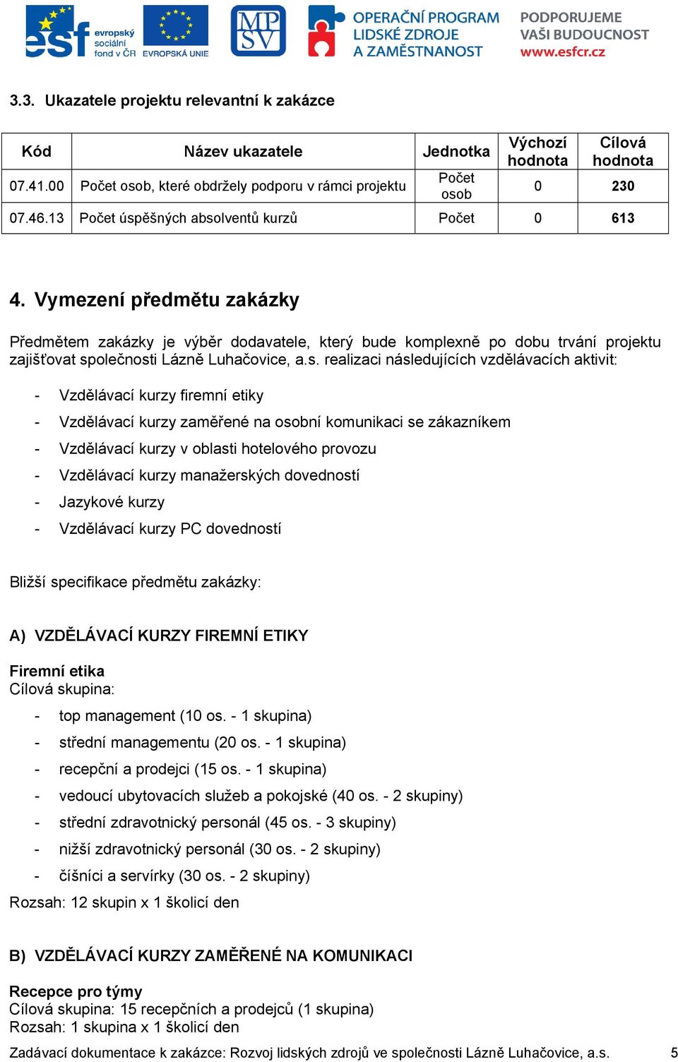 Vymezení předmětu zakázky Předmětem zakázky je výběr dodavatele, který bude komplexně po dobu trvání projektu zajišťovat sp