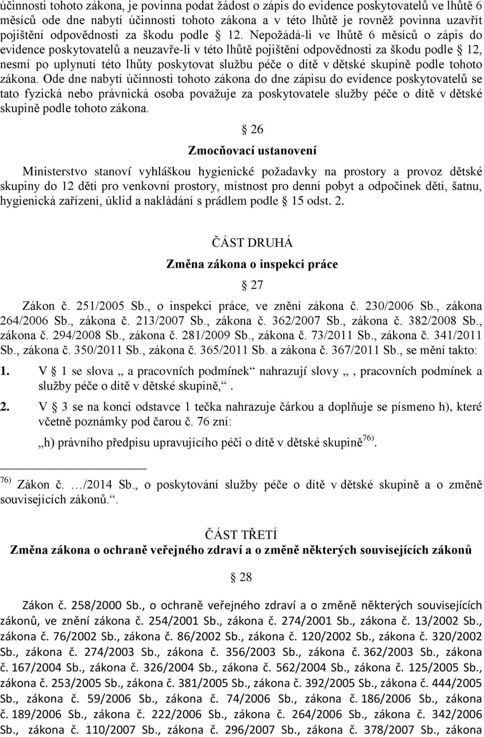 Nepožádá-li ve lhůtě 6 měsíců o zápis do evidence poskytovatelů a neuzavře-li v této lhůtě pojištění odpovědnosti za škodu podle 12, nesmí po uplynutí této lhůty poskytovat službu péče o dítě v